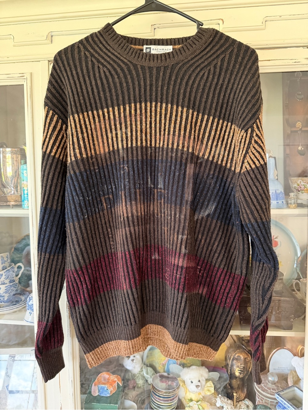 Bachrach Men's Striped Ribbed Crewneck Sweater in Brown, Navy, Burgundy, Tan